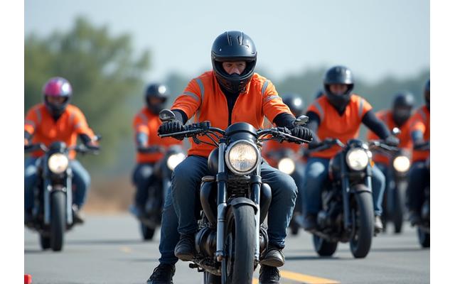 Motorcycle safety instructors teaching a rider on a track, demonstrating safe riding practices
