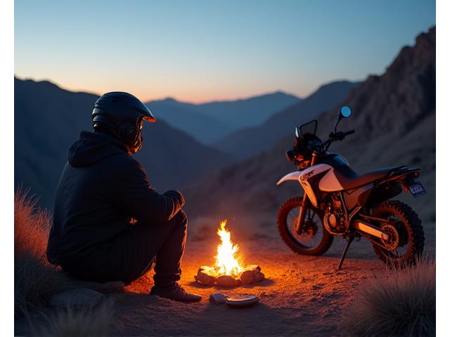 Adventure rider by campfire at dusk, motorcycle in background
