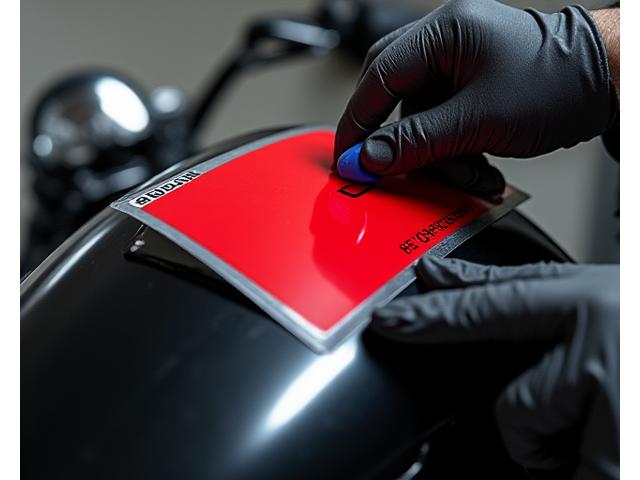 Hands carefully applying a vinyl decal to a clean motorcycle fairing, showcasing precision